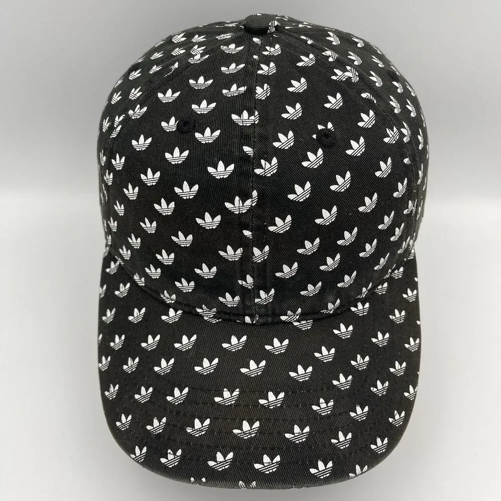 Adidas Trefoil Logo All Over Print Strapback Hat Black White OSFM Adjustable Cap